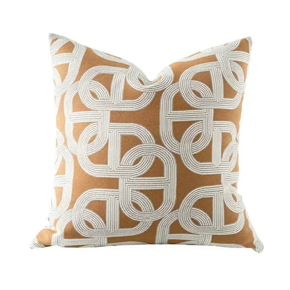 Tan cushion cover with white embroidered interlocking loops geometric jacquard decorbites cushion for living room