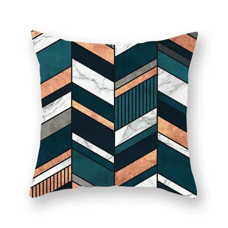 Square throw pillow with modern geometric leaf flower pillowcase in teal copper white marble and dark gray for living room decorbites decor