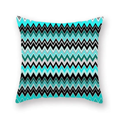 A modern geometric leaf flower square throw pillowcase with bold teal black and white zigzag pattern for living room decorbites decor