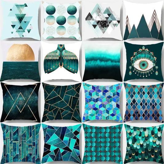 A collection of modern geometric leaf flower pillowcases in teal blue with abstract designs for living room decorbites decor