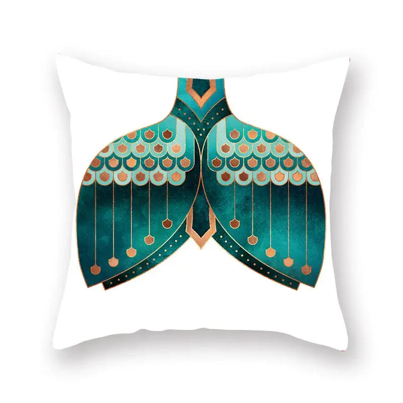 White throw pillow with teal and copper mermaid tail design featuring intricate scales for decorbites geometric leaf decor