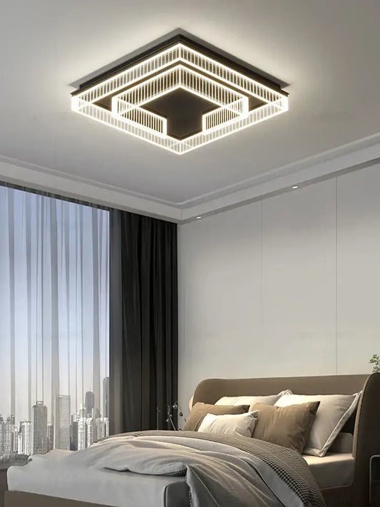 Modern geometric led black chandelier acrylic ceiling lamp with illuminated white led strips in dark frame for living room decorbites led black