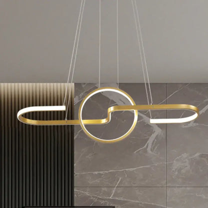Gold-toned black gold DecorBites™ modern geometric pendant light with sleek interlocking circles and warm white light kit