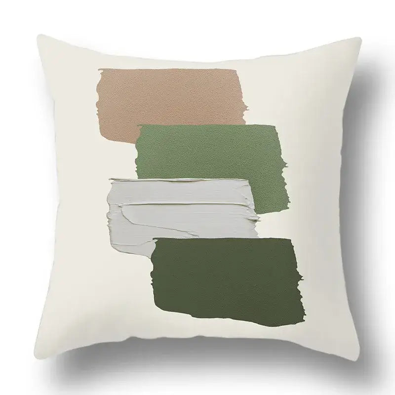Cream-colored pillow cover with abstract horizontal paint strokes in beige olive green and gray for living room decorbites green plants