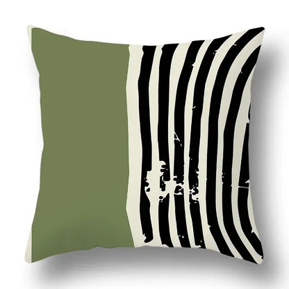 Modern geometric print pillow cover with olive green and black white stripes for decorbites green plants living room