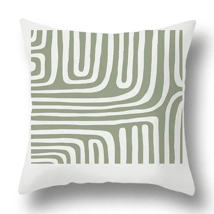 A modern geometric print pillow cover with flowing olive green lines on soft textured fabric for living room decorbites green plants