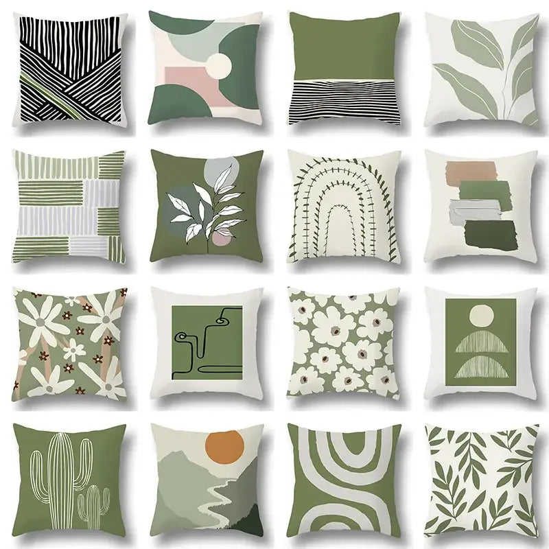 Set of twelve modern pillow covers with geometric print and decorbites green plants design in muted earthy tones
