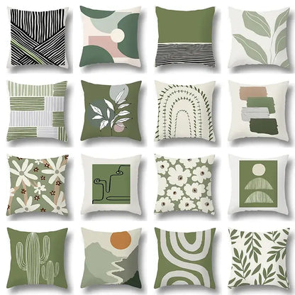 Set of twelve modern pillow covers with geometric print and decorbites green plants design in muted earthy tones