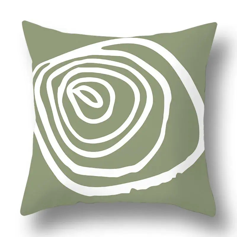 Olive green throw pillow cover with bold white spiral geometric print for decorbites green plants living room decor