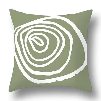 Olive green throw pillow cover with bold white spiral geometric print for decorbites green plants living room decor