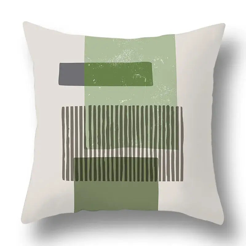 A square pillow cover with a modern geometric print in muted green gray and off-white for decorbites green plants decor