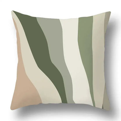 A square pillow cover with geometric print of wavy olive green beige and taupe stripes for decorbites green plants decor