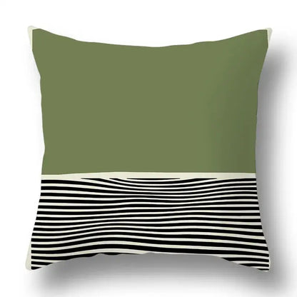 Olive green and black wavy stripe pillow cover with geometric print for decorbites green plants living room decor