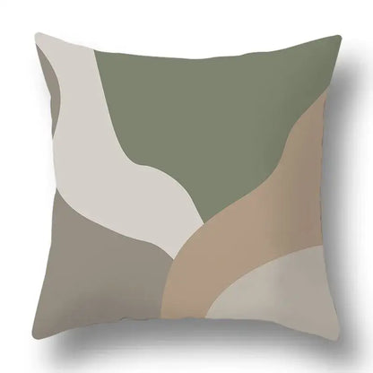 A square pillow cover with a modern geometric print in muted olive green taupe ideal for decorbites green plants decor