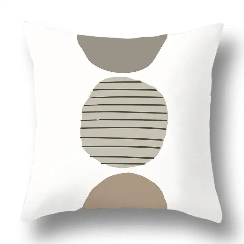 White throw pillow cover with modern geometric print in muted gray and beige tones for decorbites green plants set