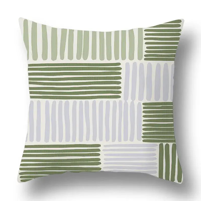Modern geometric print pillow cover with olive green and gray stripes on off-white for decorbites green plants living room