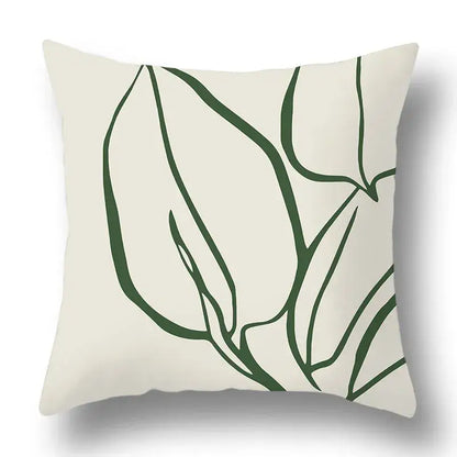 Cream-colored pillow cover with minimalist green leaf geometric print for decorbites green plants living room decor