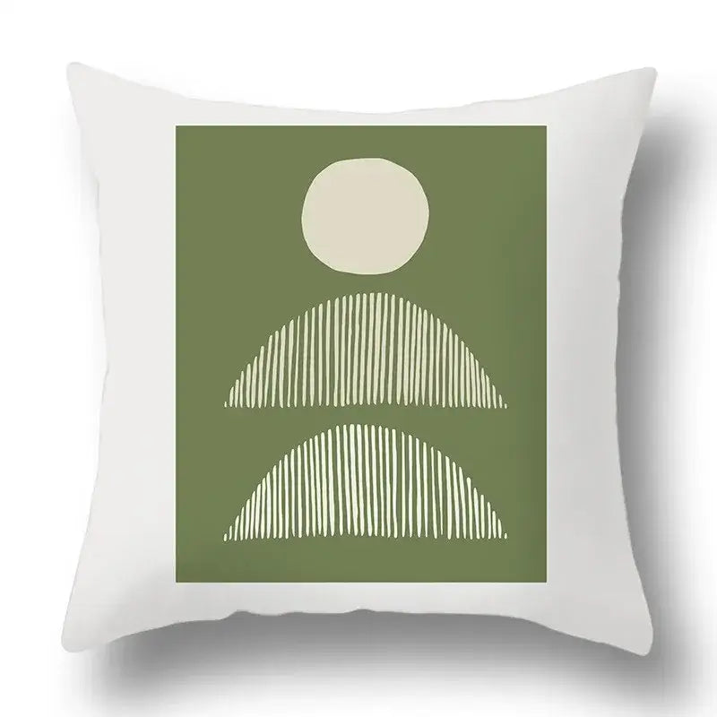 White throw pillow cover with minimalist geometric print on olive green background for decorbites green plants decor
