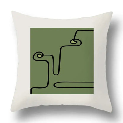 White throw pillow cover with minimalist black line geometric print on olive green for decorbites green plants decor