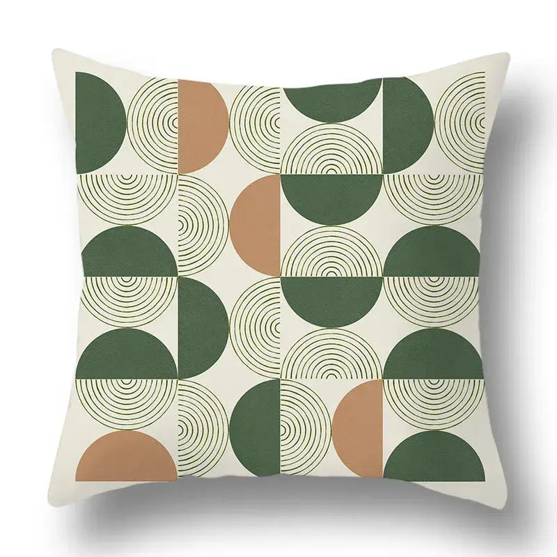 Square pillow cover with modern geometric print of green and terracotta half-circles for decorbites green plants decor