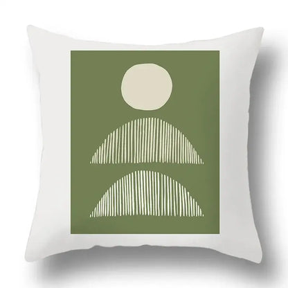 White throw pillow cover with minimalist geometric print on olive green background for decorbites green plants set