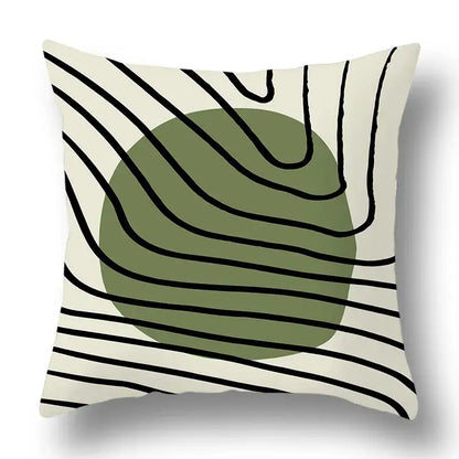 Square throw pillow cover with geometric print olive green swirls and black lines for decorbites green plants decor