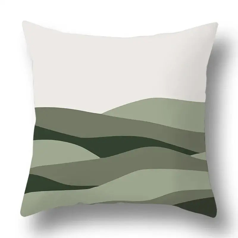 Modern geometric print pillow cover with minimalist green plants design in layered wavy bands for living room decorbites