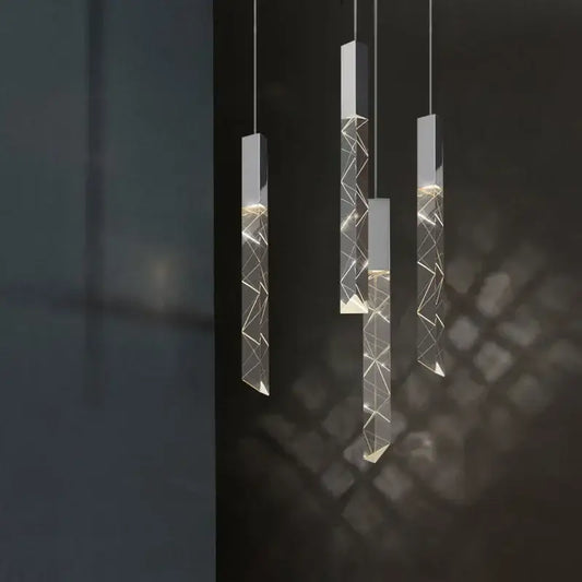 Modern geometric silver crystal glass led pendant light with clear acrylic body and warm internal lighting for dining room decorbites crystal glass