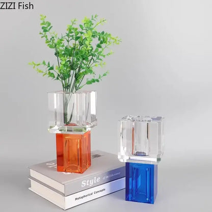 Clear acrylic geometric square vase with faceted design and orange translucent base for decorbites artificial flowers