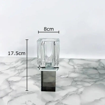 Clear glass candle holder with faceted rectangular design and dark gray base for decorbites geometric square artificial flowers decor