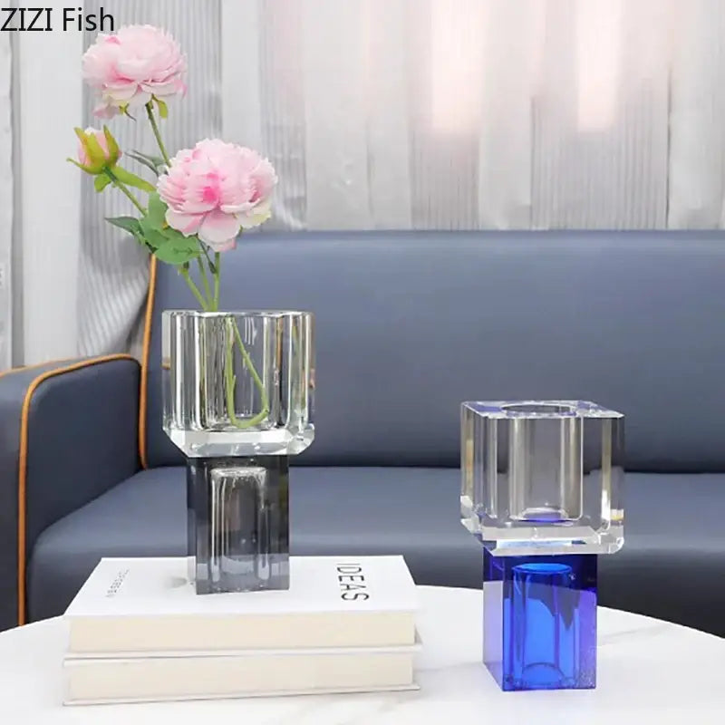 Clear glass vase with geometric square faceted design and dark gray base for decorbites geometric square artificial flowers