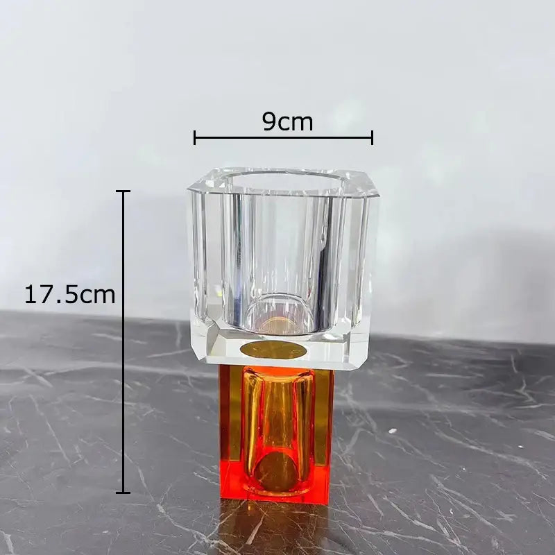 Clear acrylic vase with faceted geometric square design and orange translucent base for decorbites artificial flowers