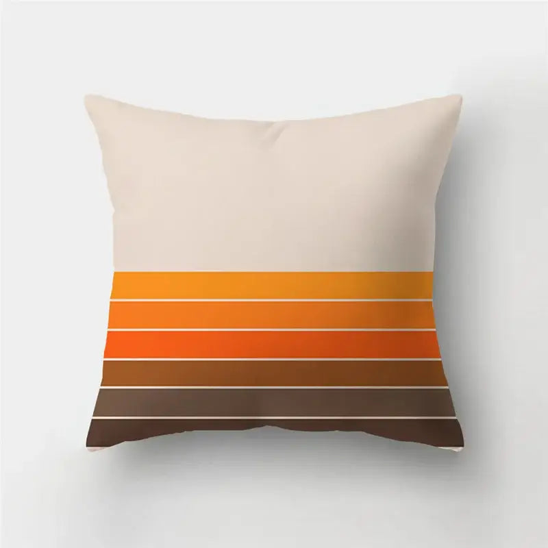 Beige throw pillow case featuring geometric stripe patchwork design with horizontal orange to brown stripes for living room decor