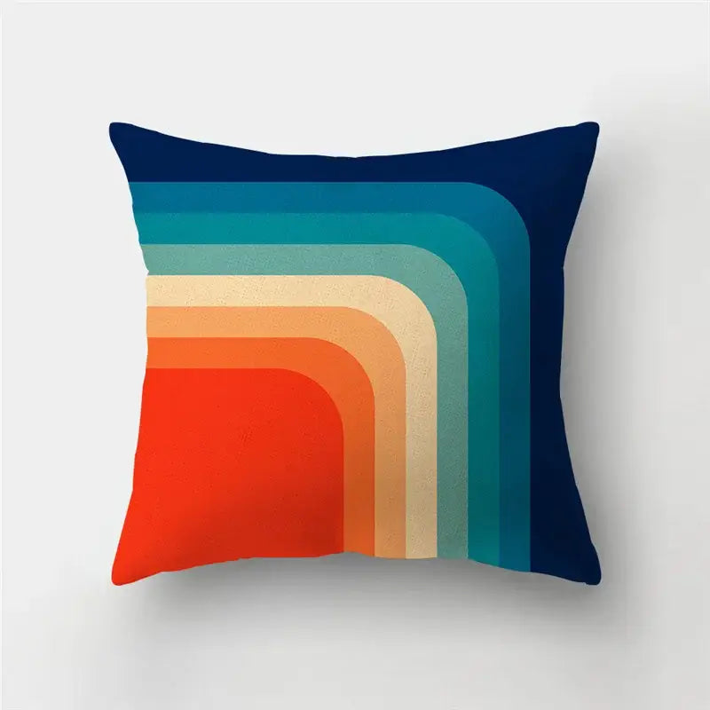 A square throw pillow case with a vibrant retro geometric stripe patchwork rainbow gradient for living room decor