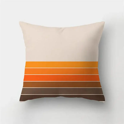 Beige throw pillow case with geometric stripe patchwork in orange to brown shades for modern living room decor