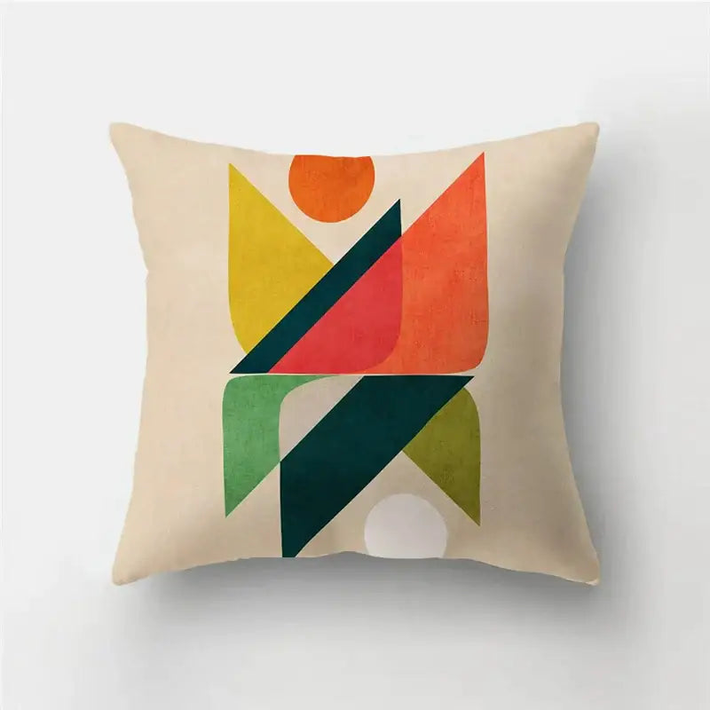 Beige throw pillow case with vibrant modern geometric stripe patchwork design for living room decor