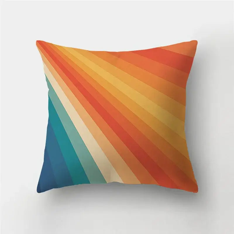 Square throw pillow case with vibrant diagonal rainbow gradient geometric stripe patchwork for living room decor