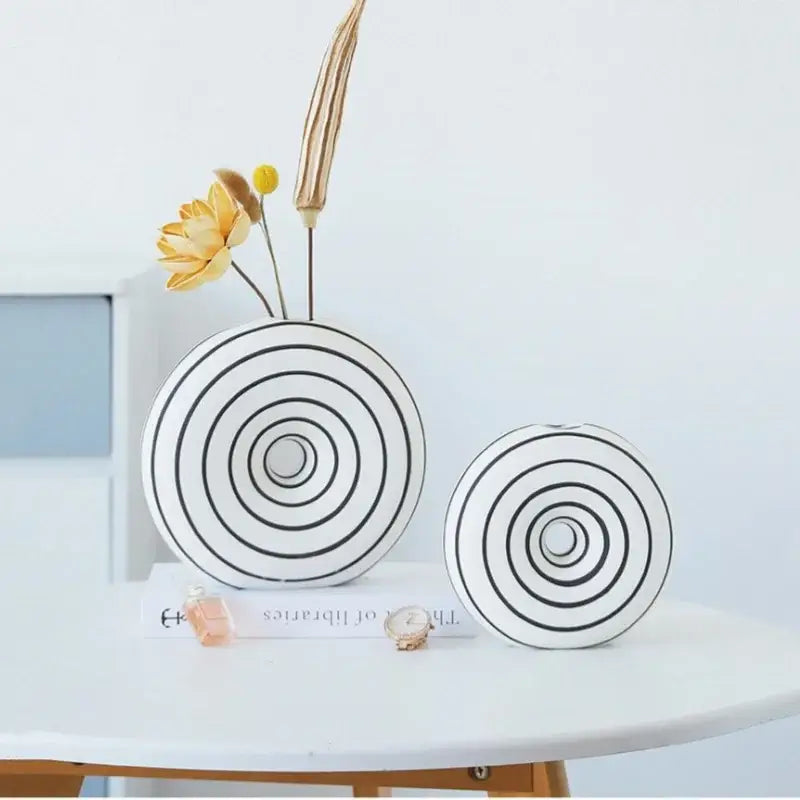 White ceramic vase with black geometric stripes ceramic pattern for modern living room decorbites geometric stripes decor