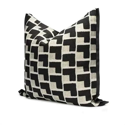 Black and cream geometric texture black cushion cover with sleek satin trim for modern living room decorbites style