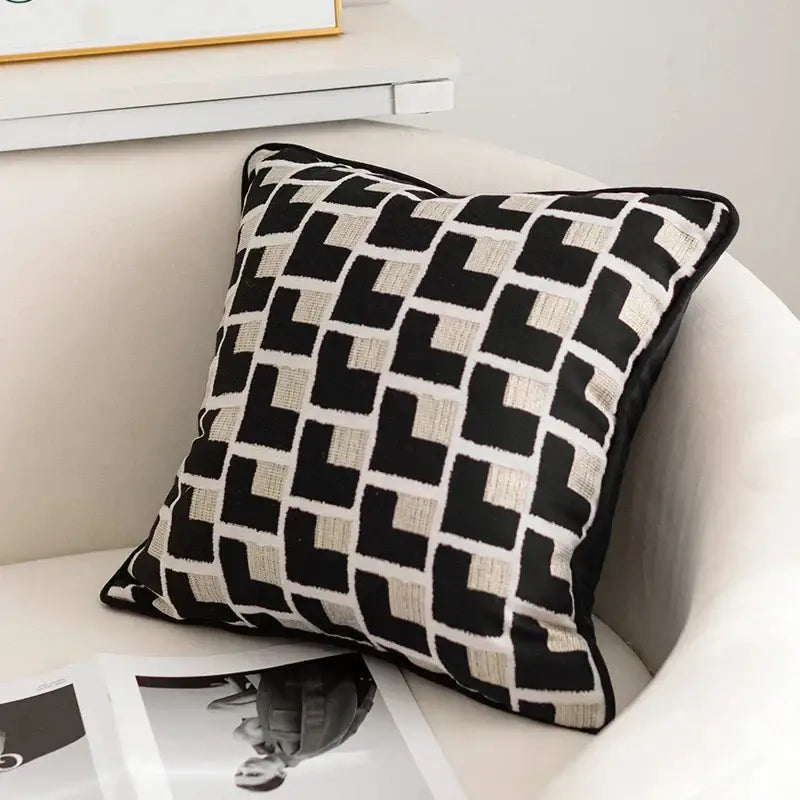 Black and cream modern geometric texture black cushion cover with woven design for living room decorbites cushion cover