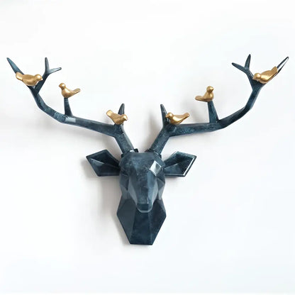 Modern geometric dark blue deer head wall decor with gold birds perched on antlers for living room decorbites deer head
