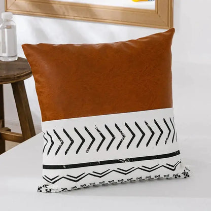 Brown faux leather cushion cover with white band black geometric patterns modern decorbites living room decor