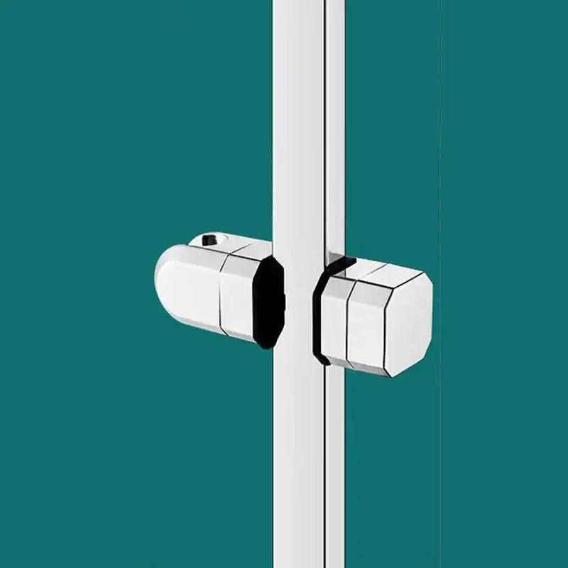 Modern chrome-finished shower door latch with black rubber grip as a geometric slide rail holder bracket for bathroom use
