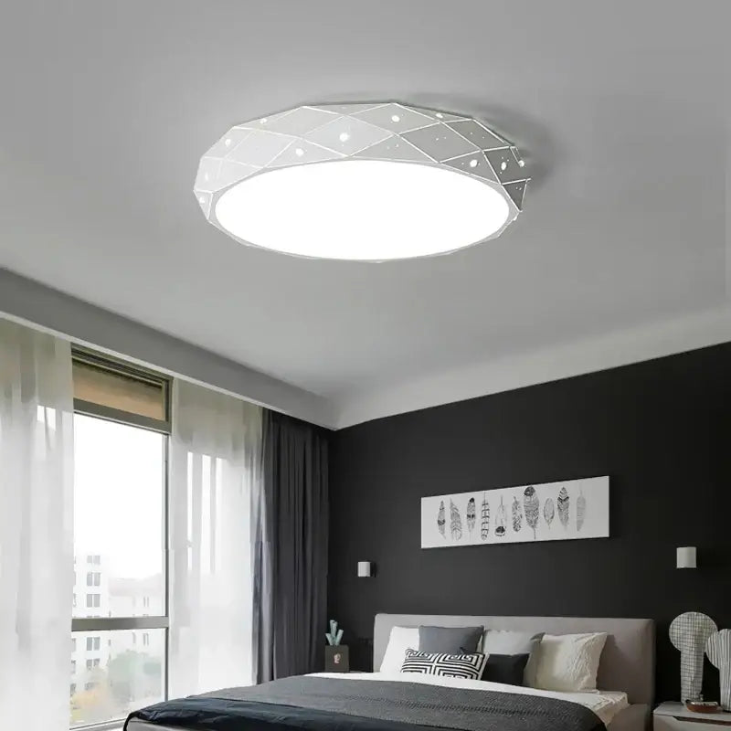 Modern geometric white dimmable iron chandelier lights with faceted design and embedded led illumination for bedroom decorbites dimmable iron