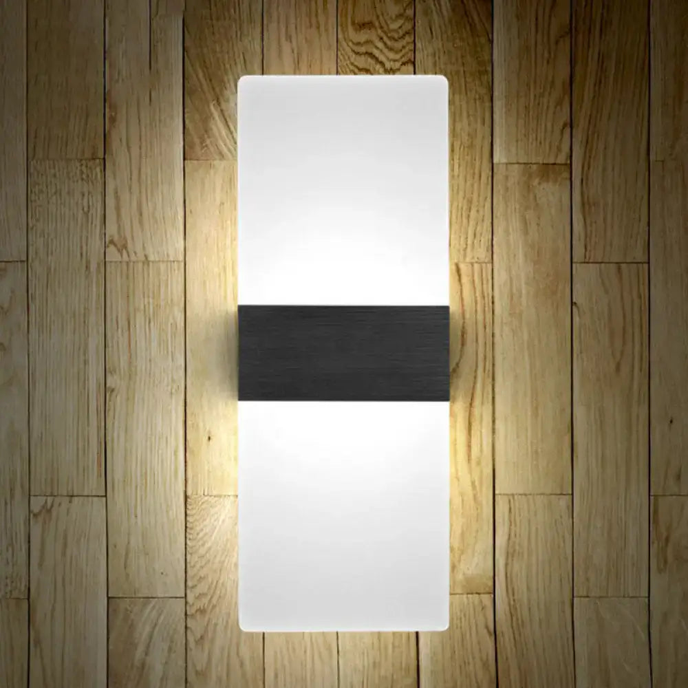 Modern geometric wood and acrylic wall sconce lamp with white diffuser and black accent strip for bedroom wall lighting