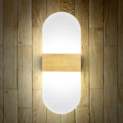 Modern geometric wood and acrylic wall sconce lamp with frosted white diffuser and wooden accent for bedroom lighting wall lamp