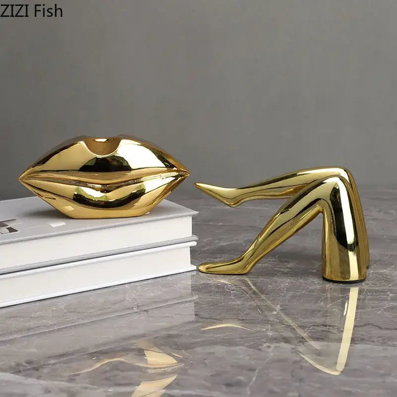 Shiny gold metallic decorbites gilded lips and leg resin figurines sculpture for modern living room decor