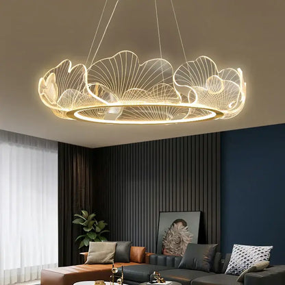 Modern gold-toned decorbites ginkgo gold acrylic pendant light with intricate leaf-shaped wireframe design for dining room decor