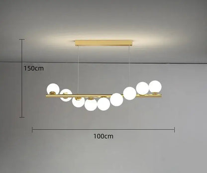 Modern glass ball gold chandelier dining room pendant light with sleek horizontal bar and white spherical glass globes decorbites glass ball
