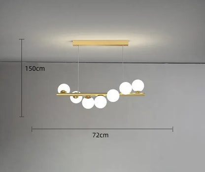 Modern glass ball gold chandelier pendant light with sleek horizontal bar and seven frosted decorbites glass ball bulbs